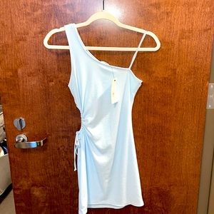 blue ribbed mini dress one shoulder with cutout from american threads boutique